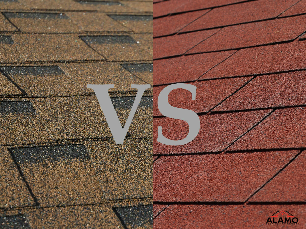 Side-by-side comparison of brown asphalt shingles on the left and red asphalt shingles on the right, with VS in large letters across the center and an Alamo logo in the corner.