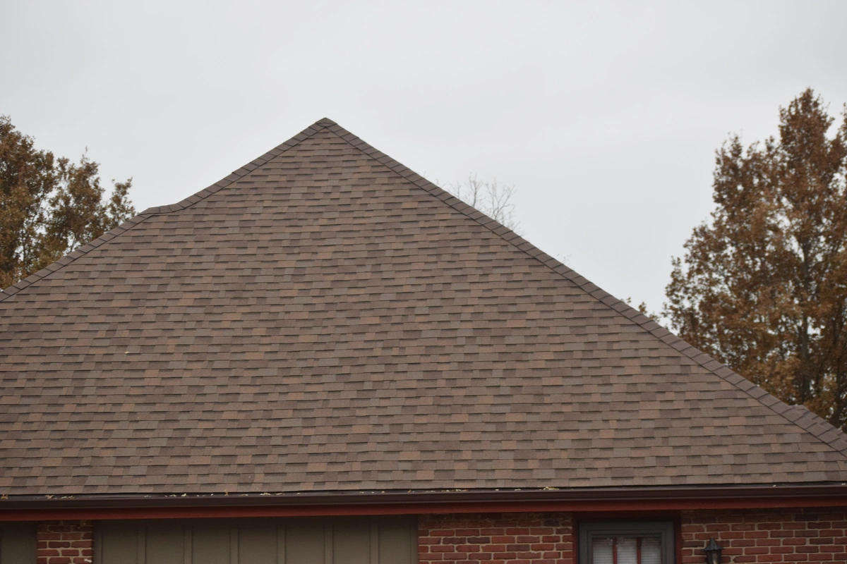 Triangular roof with brown asphalt shingles on a brick house, with trees and an overcast sky in the background.
