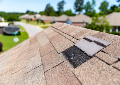Close-up of a house roof with missing and misaligned asphalt shingles, showing an exposed black patch; suburban neighborhood visible in the background.