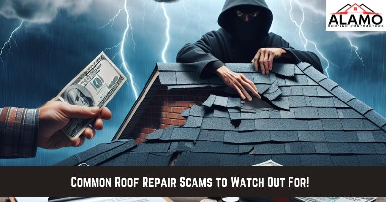A masked person with a crowbar damages a roof while another hand offers cash; warning text below reads, Common Roof Repair Scams to Watch Out For!.