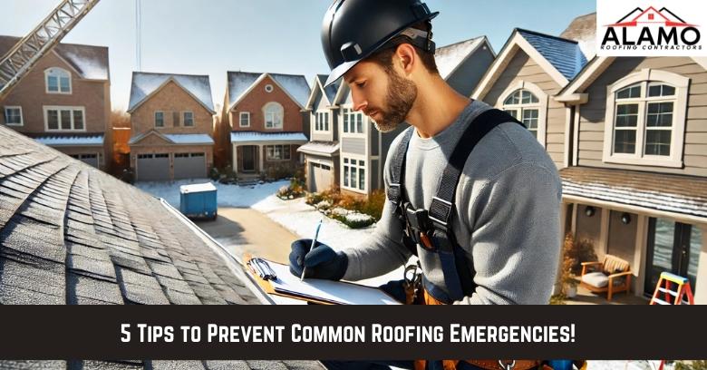 A construction worker in safety gear inspects a house roof in a suburban neighborhood; text reads “5 Tips to Prevent Common Roofing Emergencies!” and Alamo Roofing Contractors logo is visible.