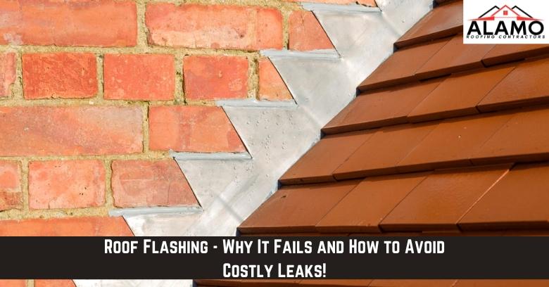 Close-up of metal roof flashing installed at the intersection of a brick wall and sloped roof tiles, with a banner about preventing leaks.