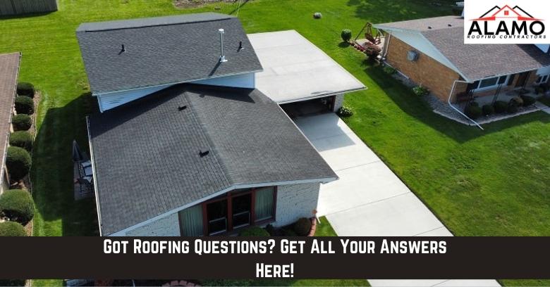Aerial view of a house with a dark roof and driveway, featuring the Alamo Roofing Contractors logo and the text: Got Roofing Questions? Get All Your Answers Here!. Aerial view of a house with a dark roof and driveway, featuring the Alamo Roofing Contractors logo and the text: Got Roofing Questions? Get All Your Answers Here!.