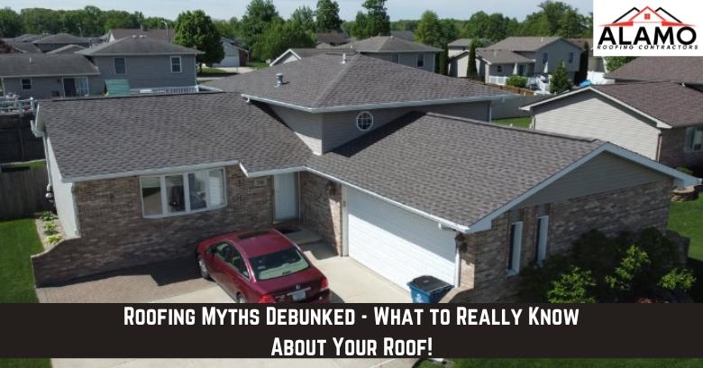Aerial view of a suburban home with a brown shingle roof, a red car in the driveway, and a banner reading “Roofing Myths Debunked - What to Really Know About Your Roof!”.