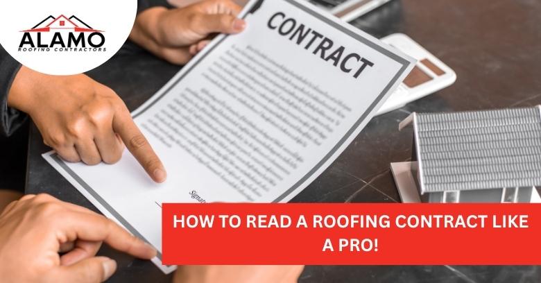 Two people point at a roofing contract document on a table; a small house model and company logo are also visible.